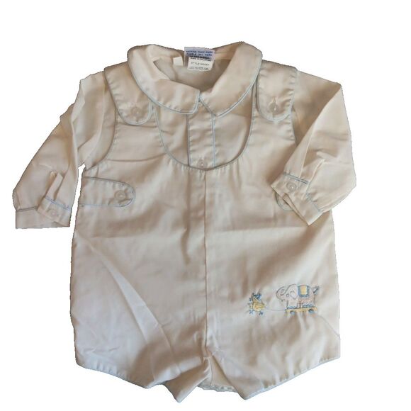 Petit Ami Romper Pastel Yellow with Light Blue Trim 2 Piece Vintage Set Elephant - Picture 1 of 11